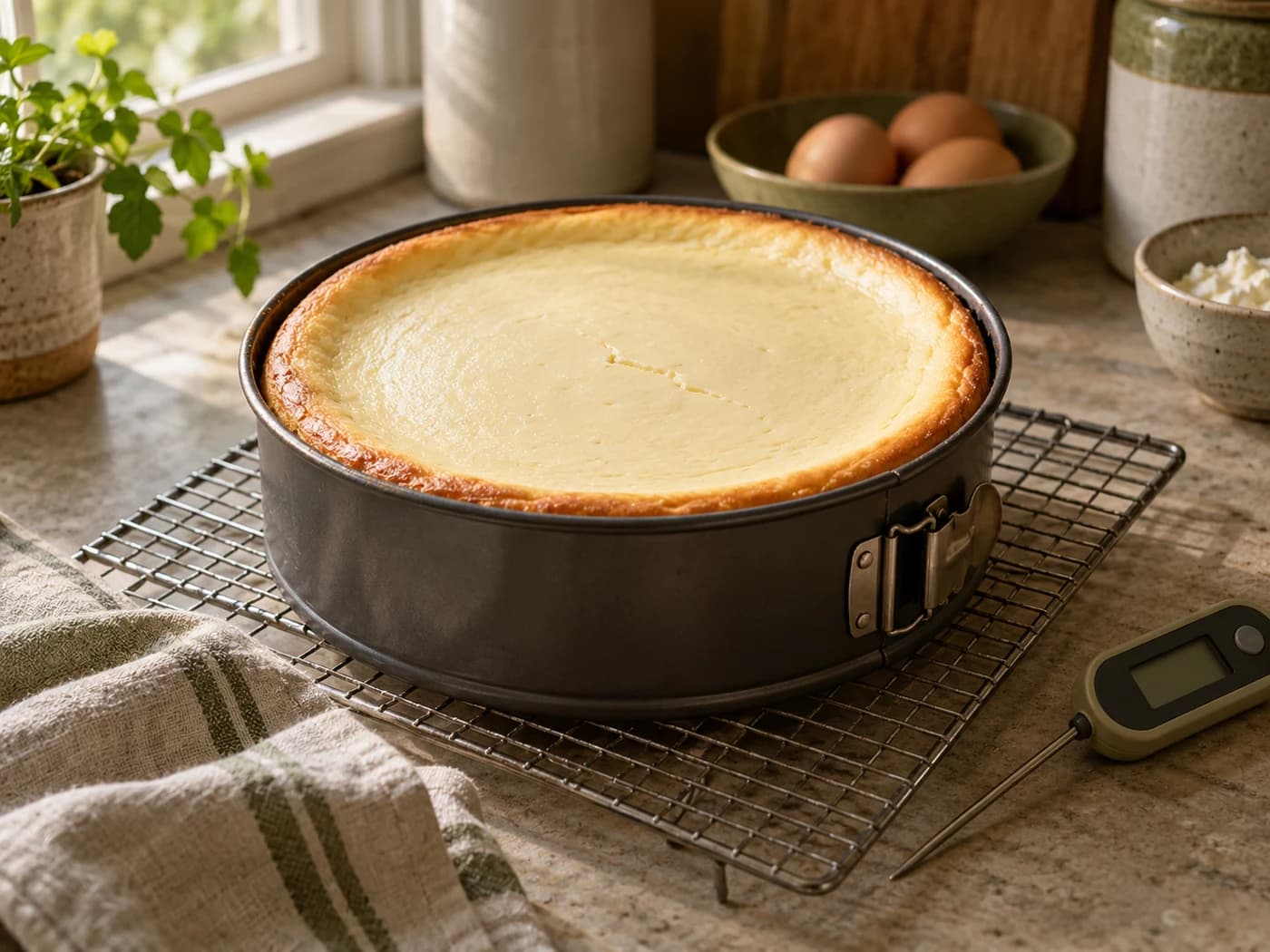 A baked cheesecake cooling in its springform pan on a rack