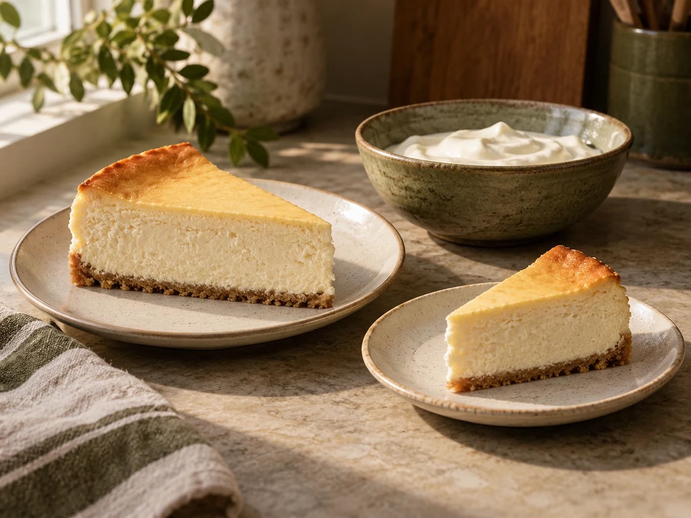 A regular cheesecake slice and a smaller portion beside plain yogurt