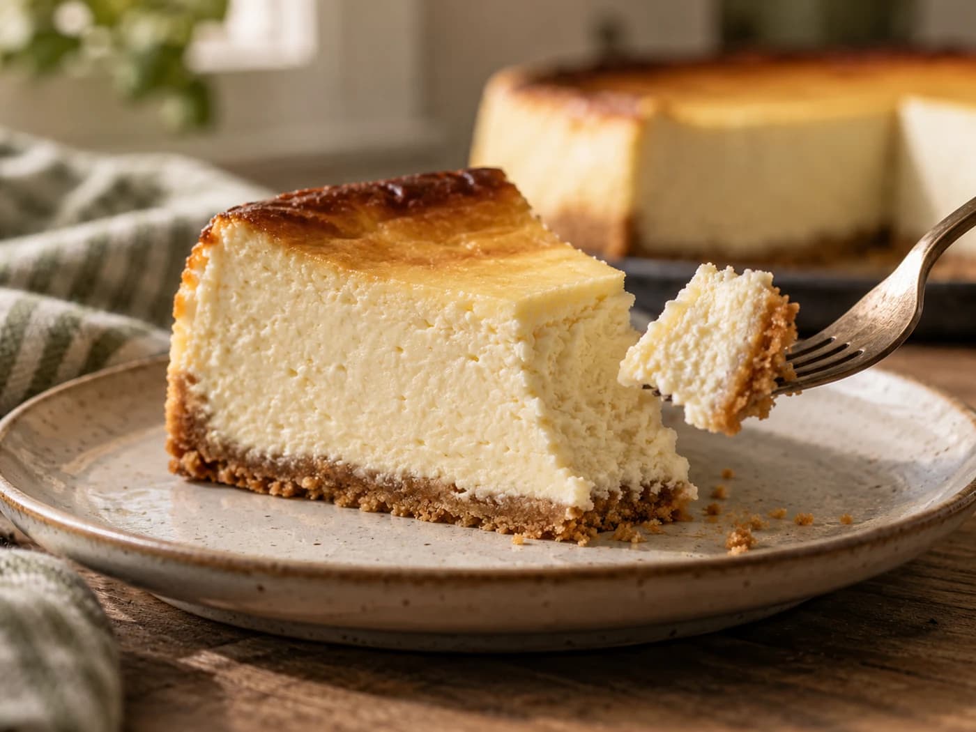 Fork lifting a small bite from a chilled cheesecake slice