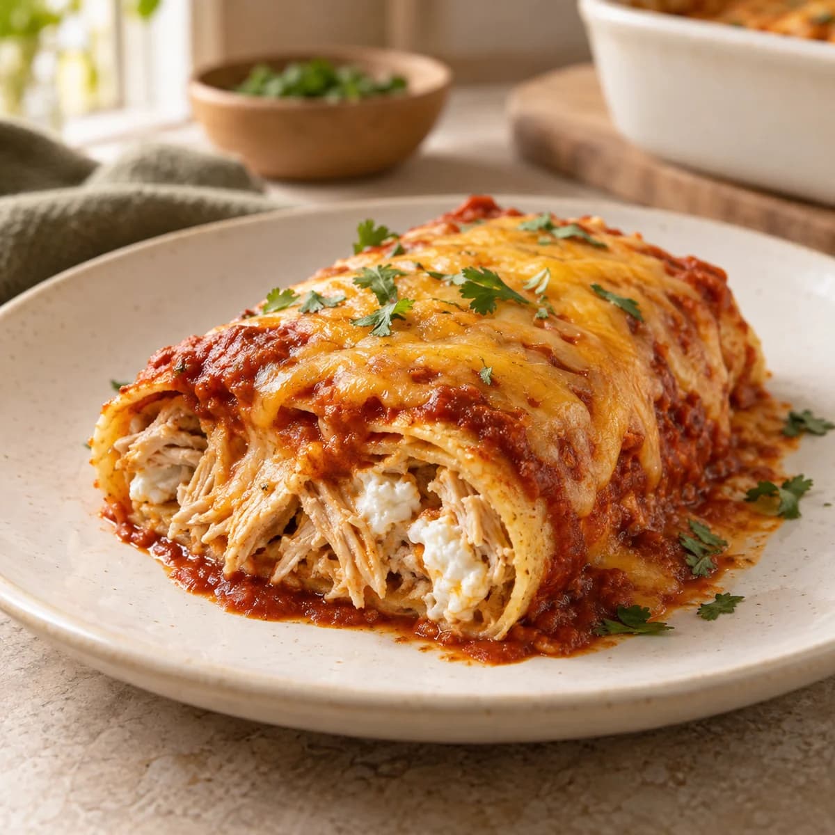 A cut chicken enchilada showing corn tortilla, chicken and creamy filling