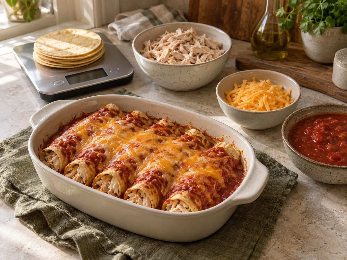 Corn tortillas being weighed beside cooked chicken, cheese and tomatoes
