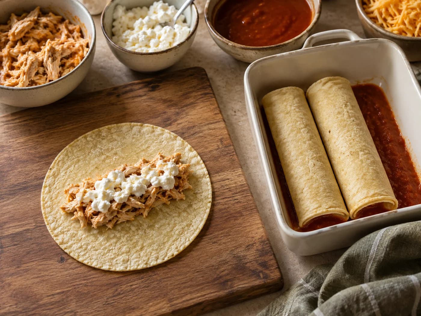 A small corn tortilla being filled beside rolled tortillas in a sauced dish