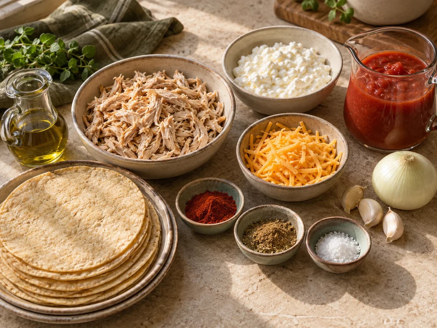 Corn tortillas, cooked chicken, cheeses, tomatoes, onion, garlic, oil and spices