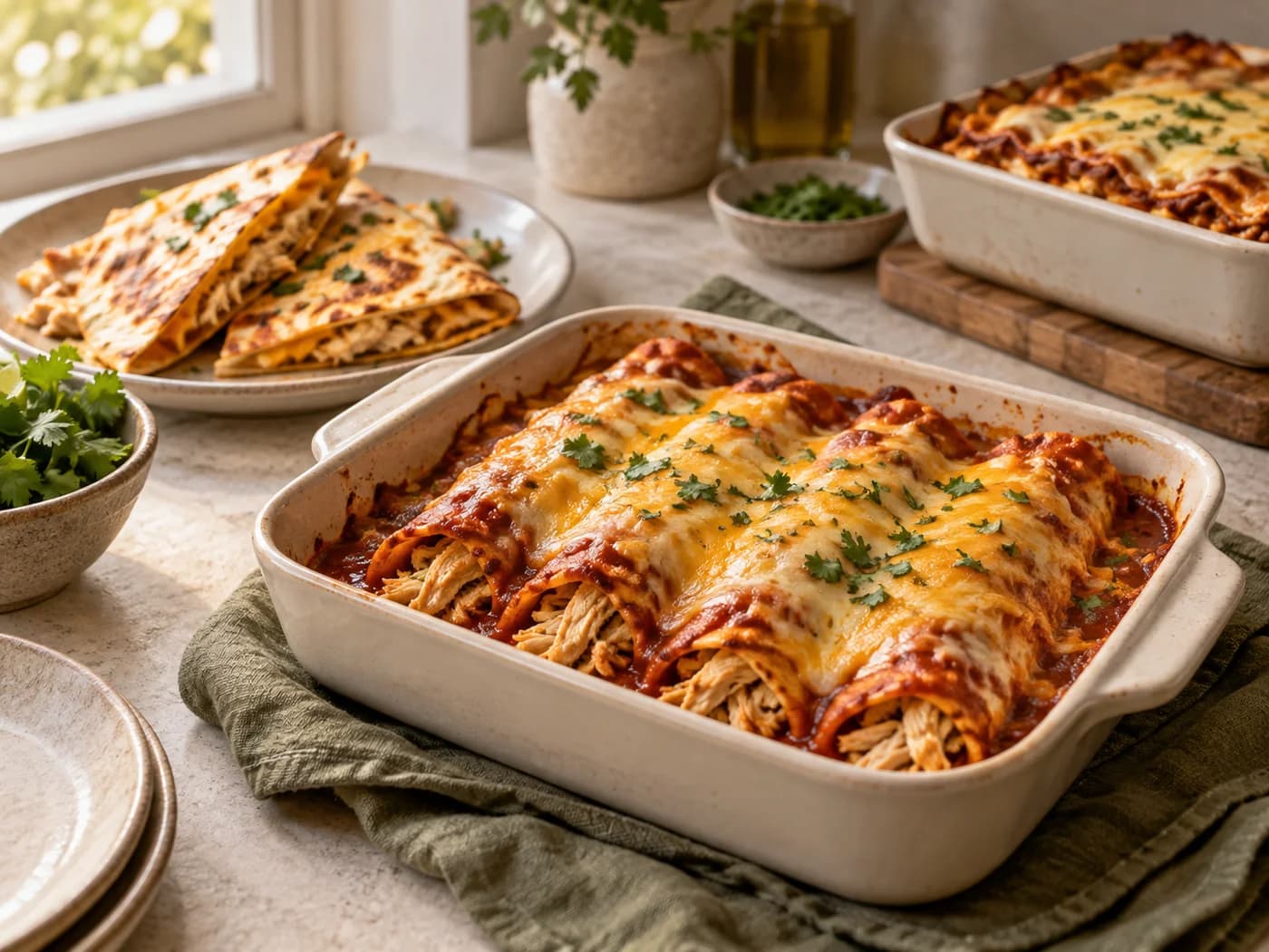 Chicken enchiladas with a quesadilla plate and small lasagna dish in the background