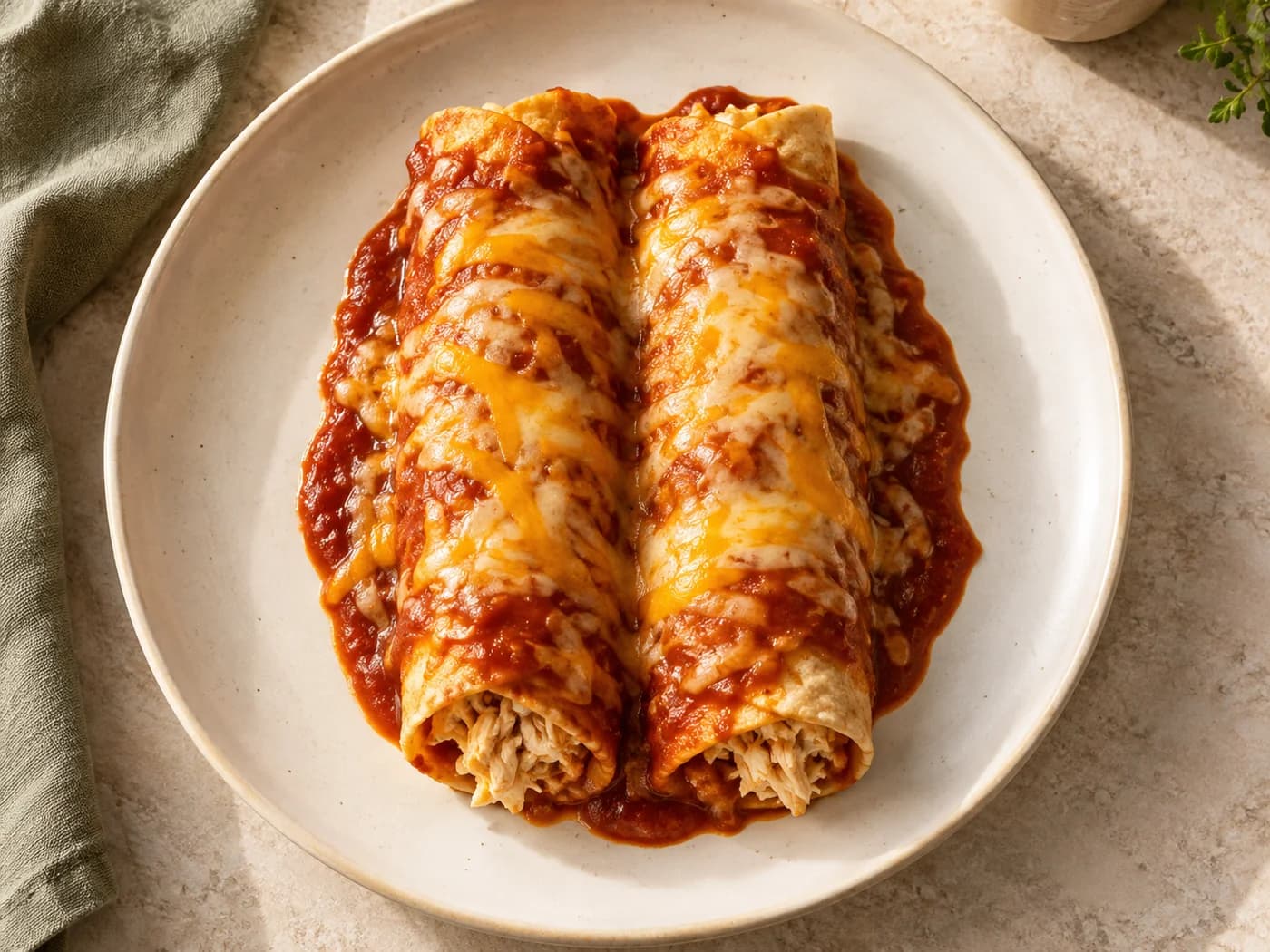 Two red-sauce chicken enchiladas on a plain ivory plate