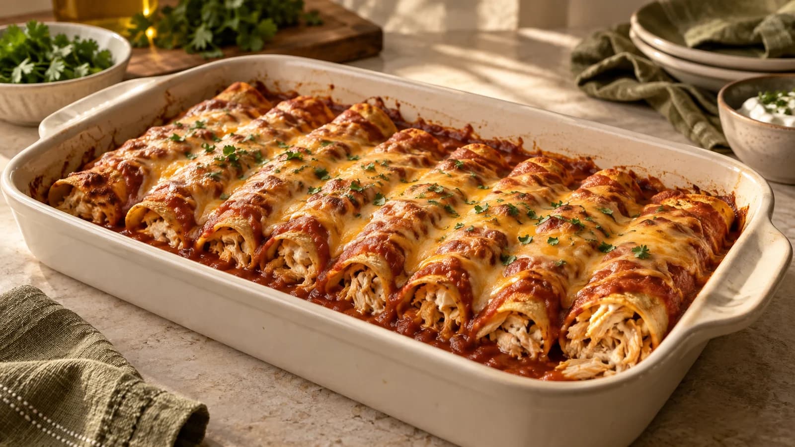 A dish of chicken enchiladas with red tomato sauce and golden cheddar