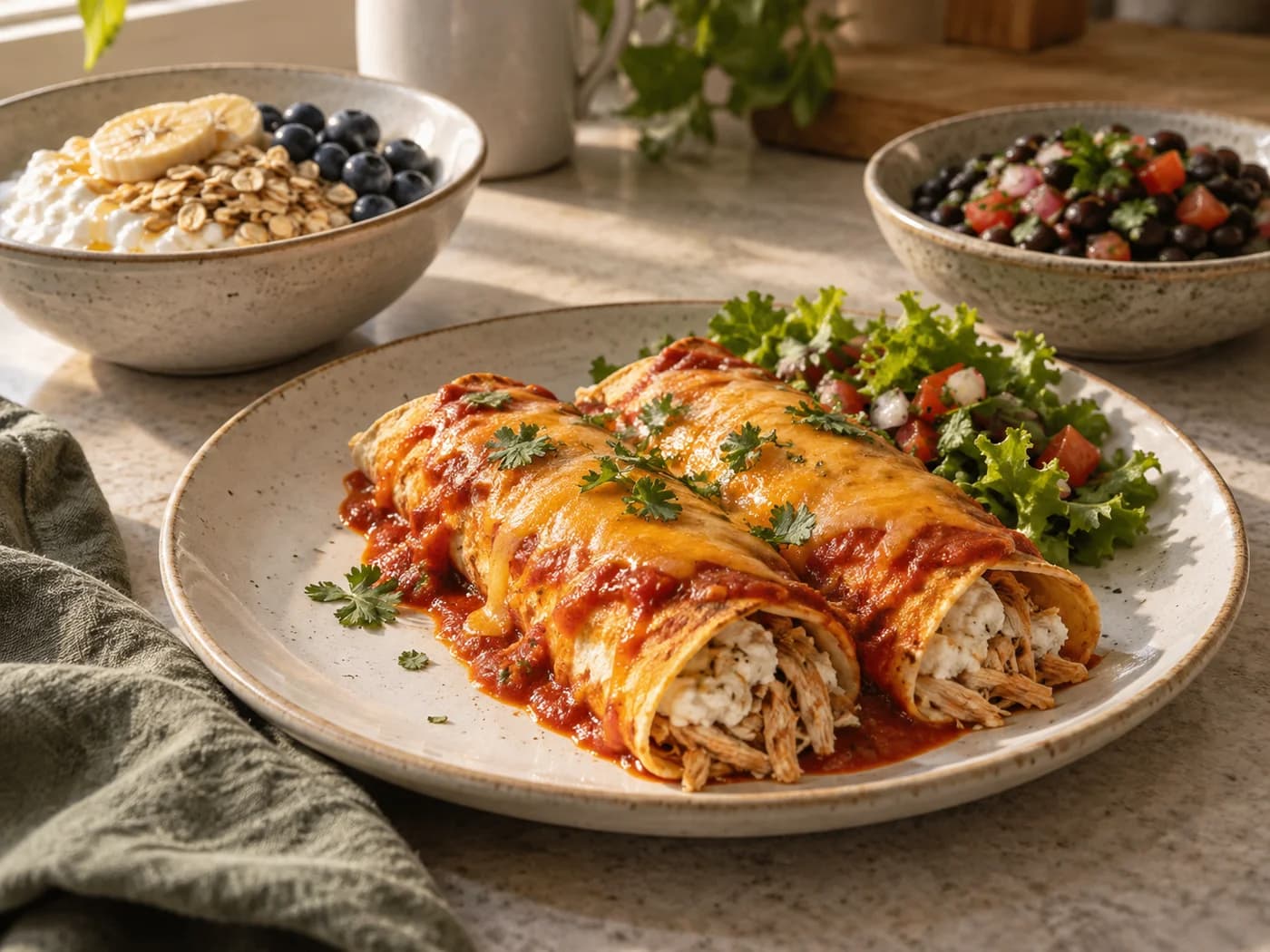 A two-enchilada dinner plate among everyday breakfast and bean dishes