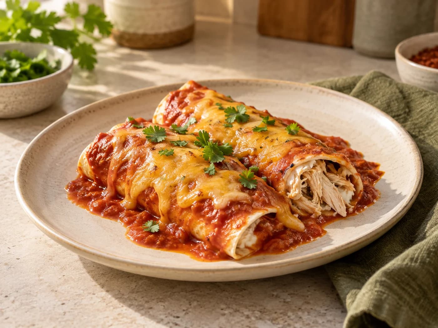Two chicken enchiladas with red sauce and melted cheddar on a cream plate