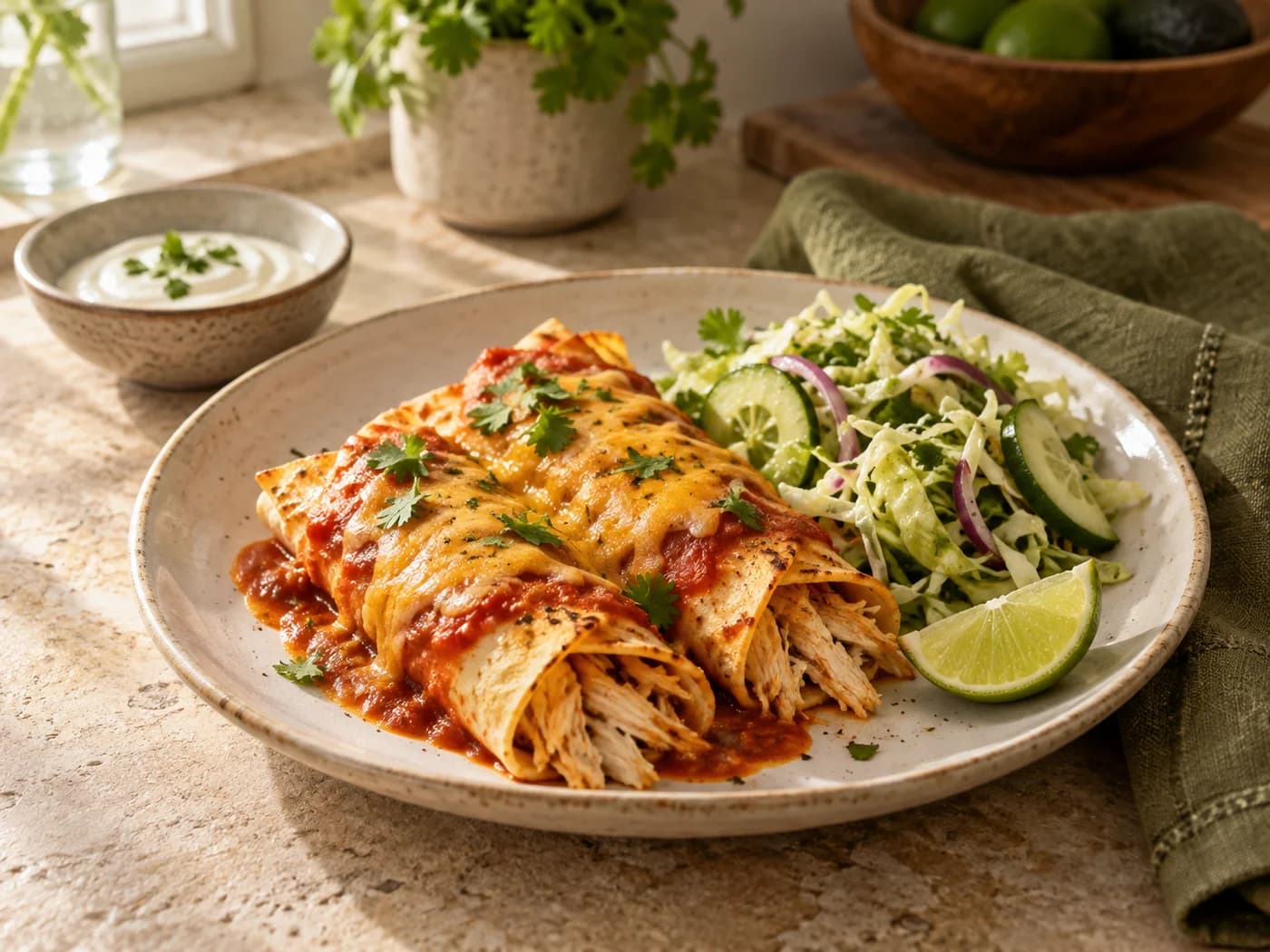 Two enchiladas with a separate crisp salad, yogurt and lime
