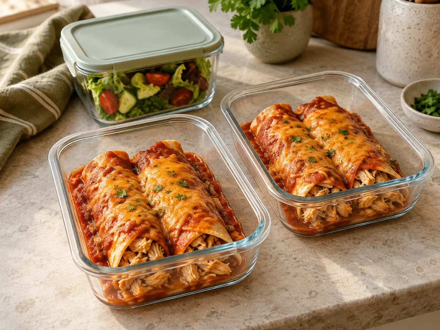 Chicken enchilada portions in shallow containers with sauce