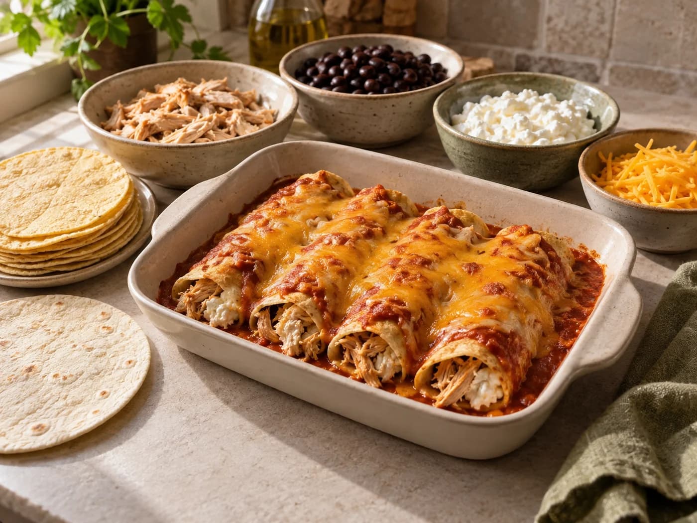 Corn and flour tortillas beside separate chicken, bean and cheese bowls