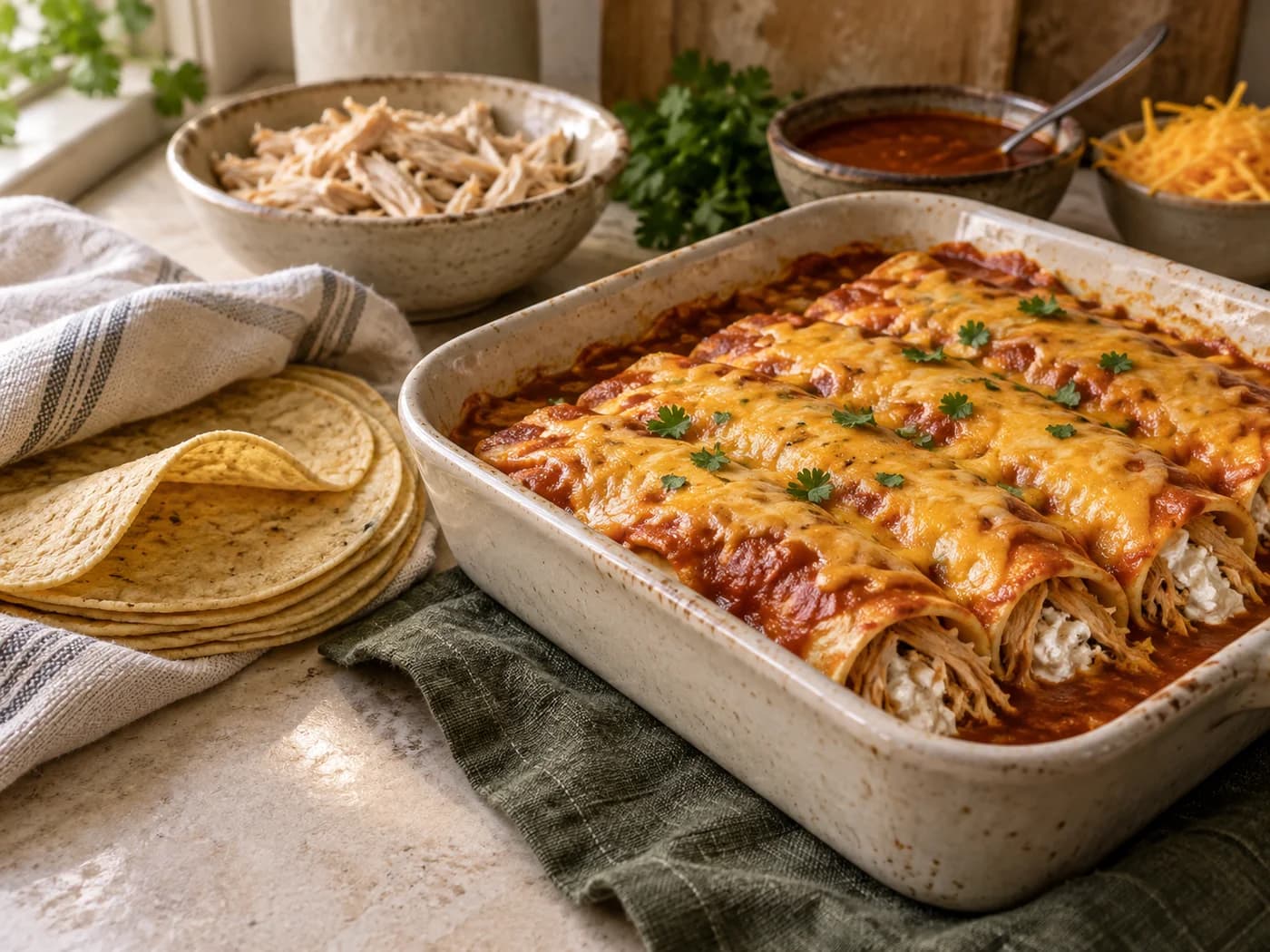 Warm corn tortillas kept under a folded kitchen cloth