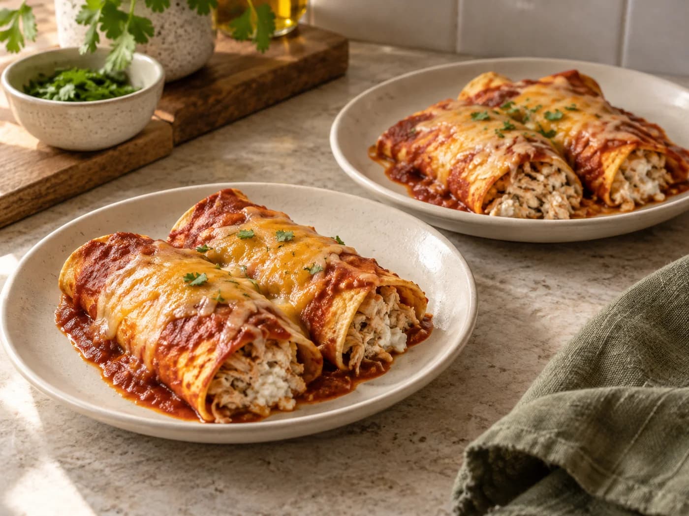 Two plates of chicken enchiladas with different cheese and filling amounts