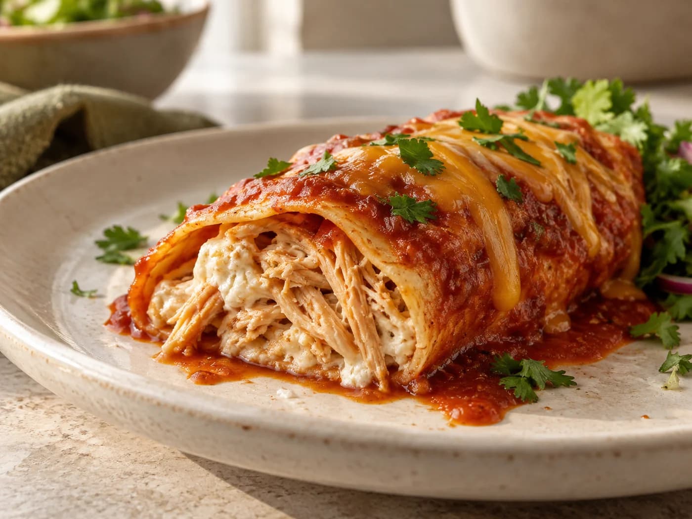 A cut chicken enchilada showing a creamy shredded filling