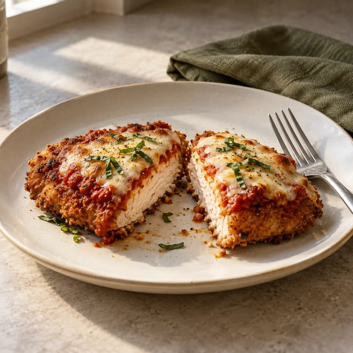 One chicken Parmesan cutlet cut in half to show its cooked interior and crumb layer