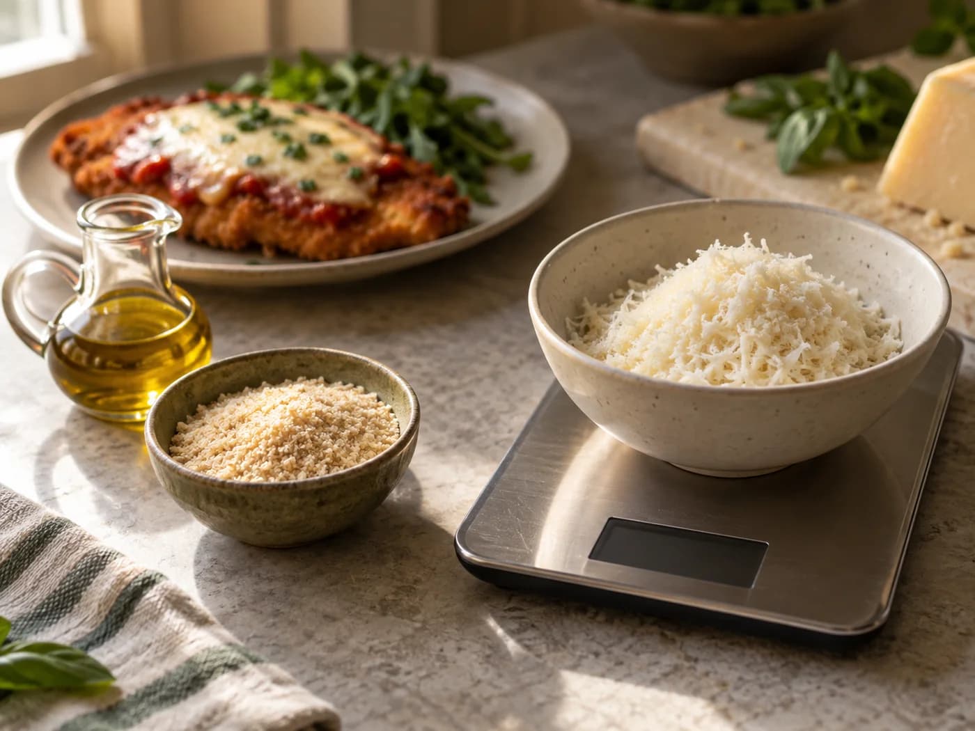 Grated Parmesan being weighed with breadcrumbs and measured olive oil beside a finished cutlet