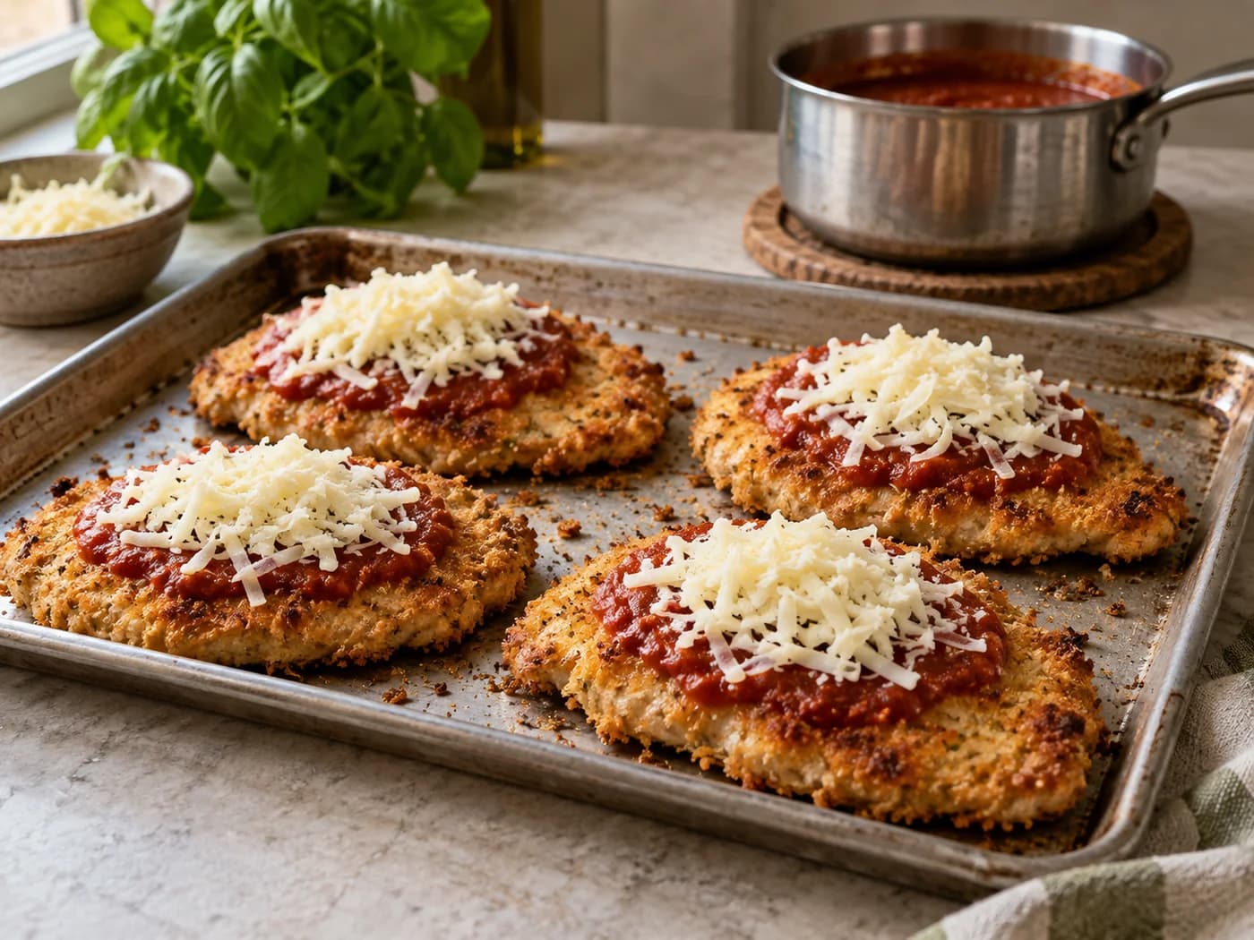 Cooked breaded chicken cutlets topped with tomato sauce and grated mozzarella before the final oven stage