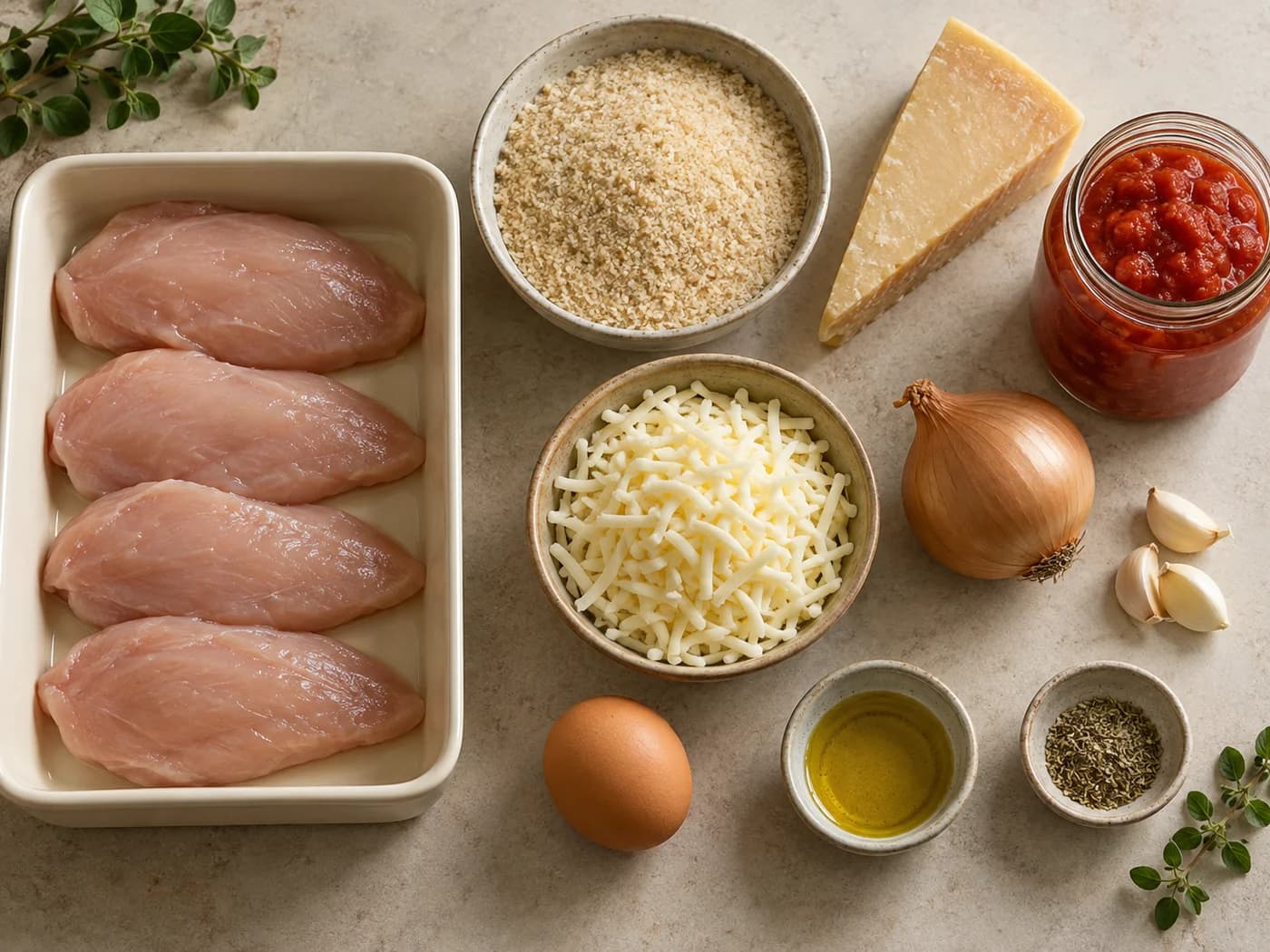 Separated raw chicken cutlets, an egg, breadcrumbs, Parmesan, mozzarella, crushed tomatoes, onion, garlic and oil