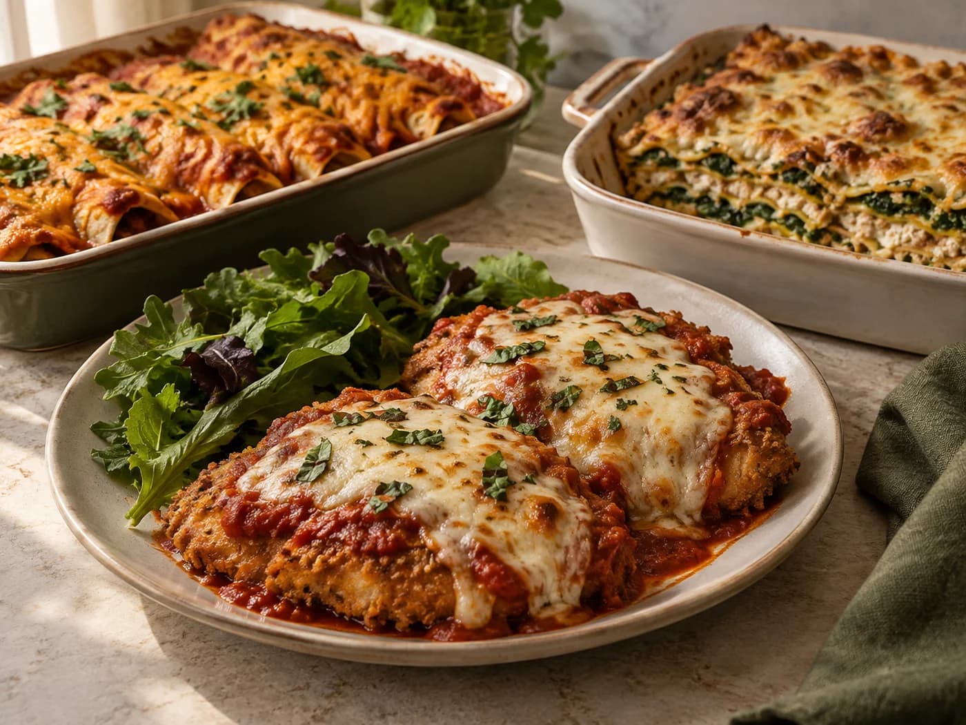 Separate dishes of chicken Parmesan, chicken enchiladas and turkey spinach lasagna on a supper table