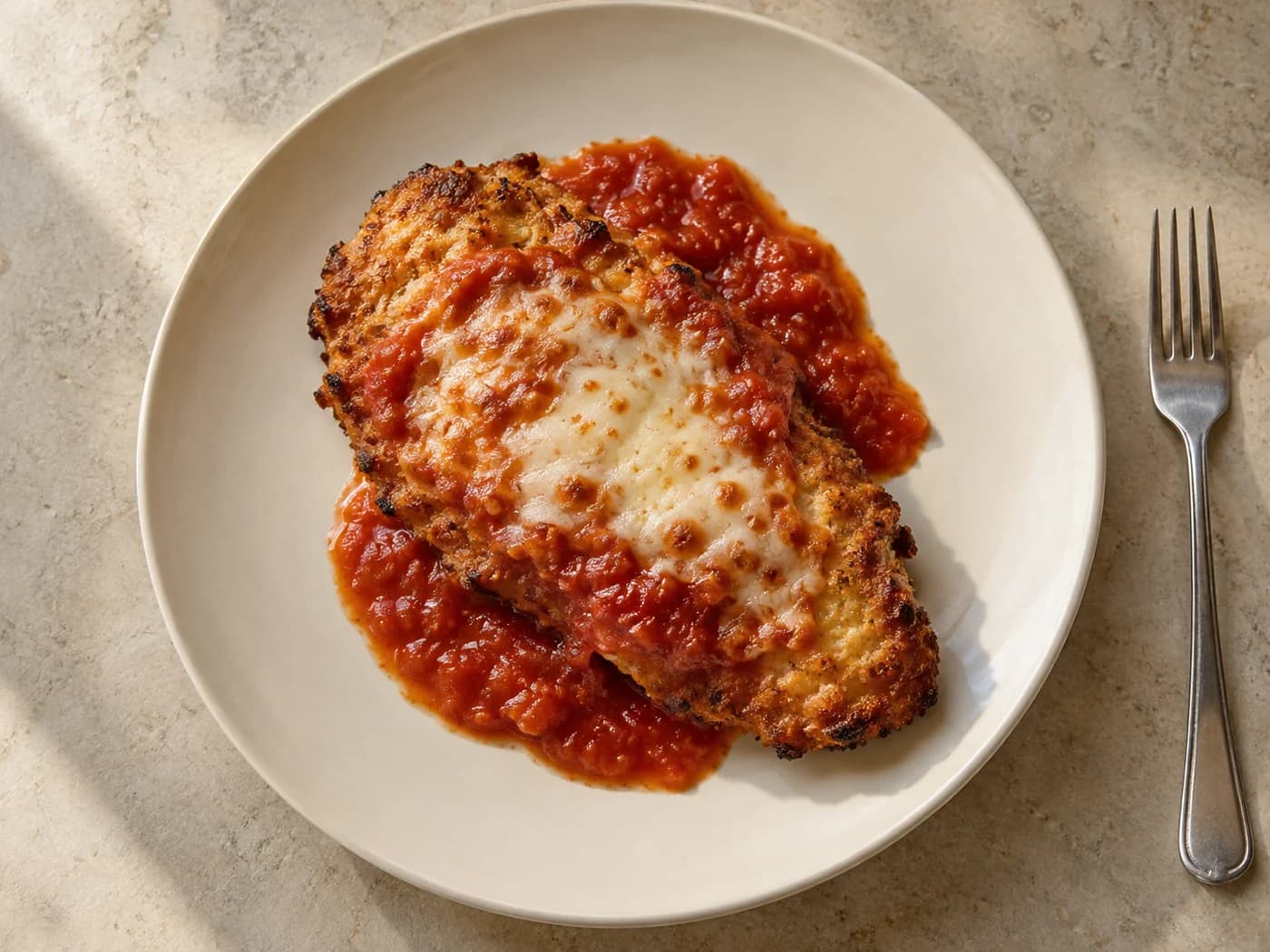 One chicken Parmesan cutlet with its tomato sauce share on a plain ivory plate