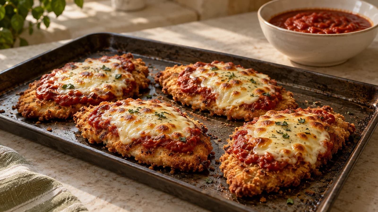 Four baked chicken Parmesan cutlets with golden crumb edges, tomato sauce and melted mozzarella on a metal sheet