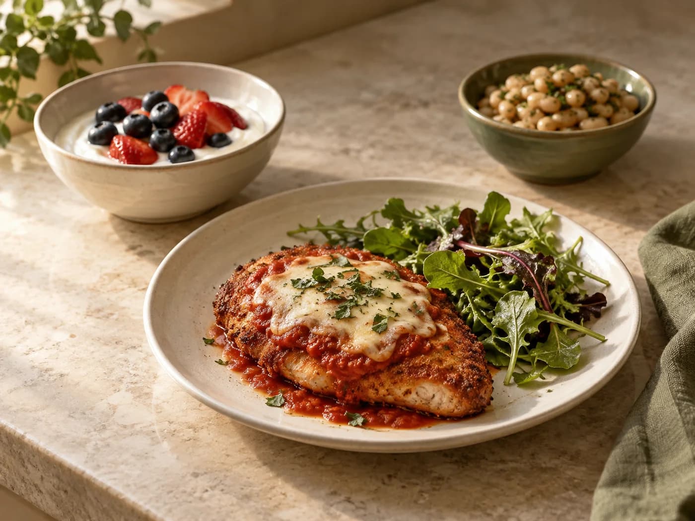 A chicken Parmesan plate with separate yogurt and bean meal ideas farther back
