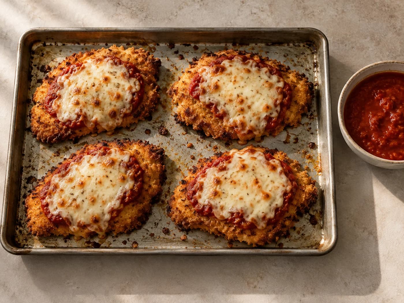 Four finished chicken Parmesan cutlets on a metal sheet with reserved tomato sauce beside them