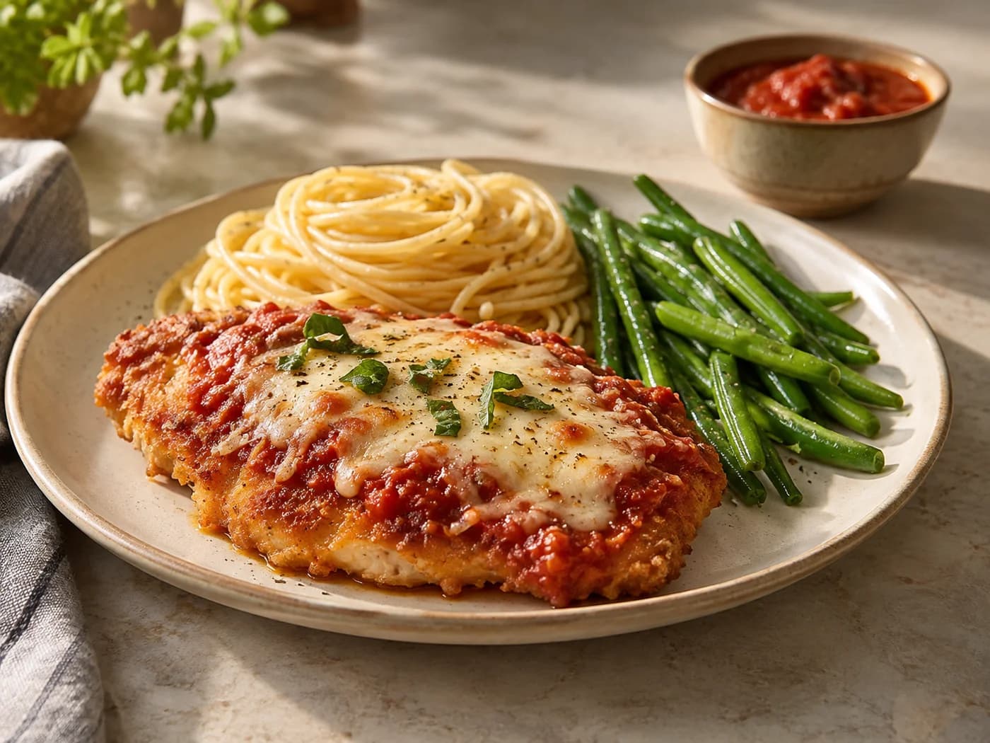 Chicken Parmesan served beside a small nest of spaghetti and green beans on an ivory plate