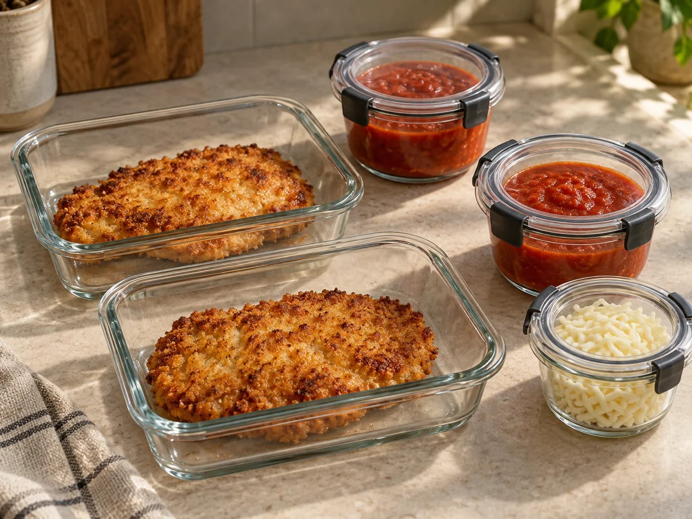 Cooked breaded chicken portions, sauce and grated mozzarella in separate shallow containers