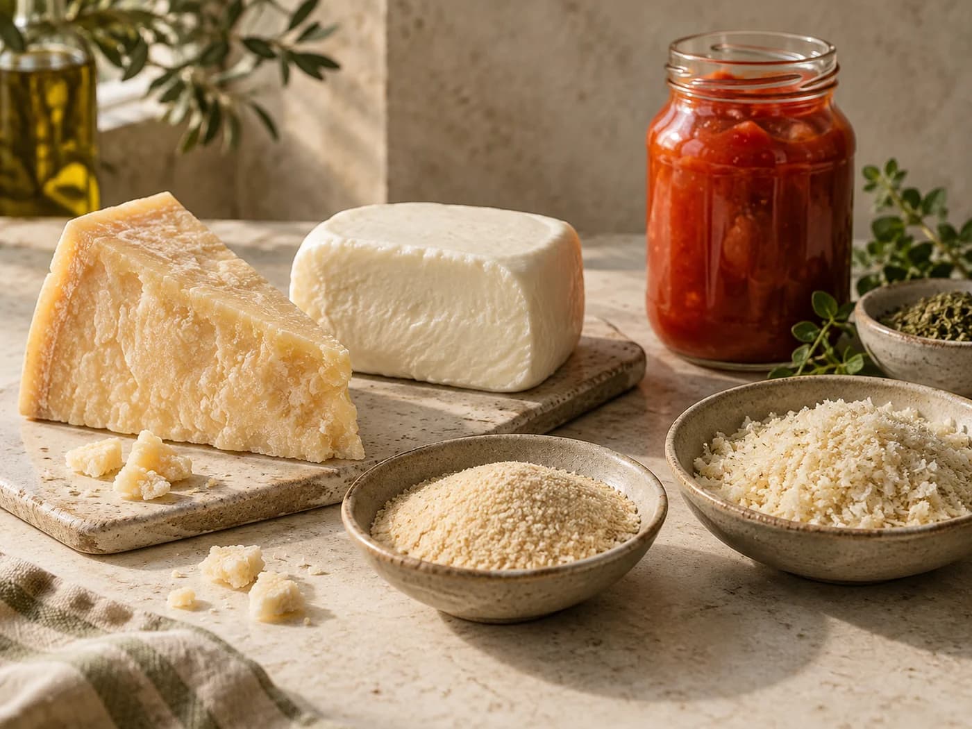 Hard Parmesan, mozzarella, fine dry crumbs and coarse panko arranged beside tomatoes and oregano