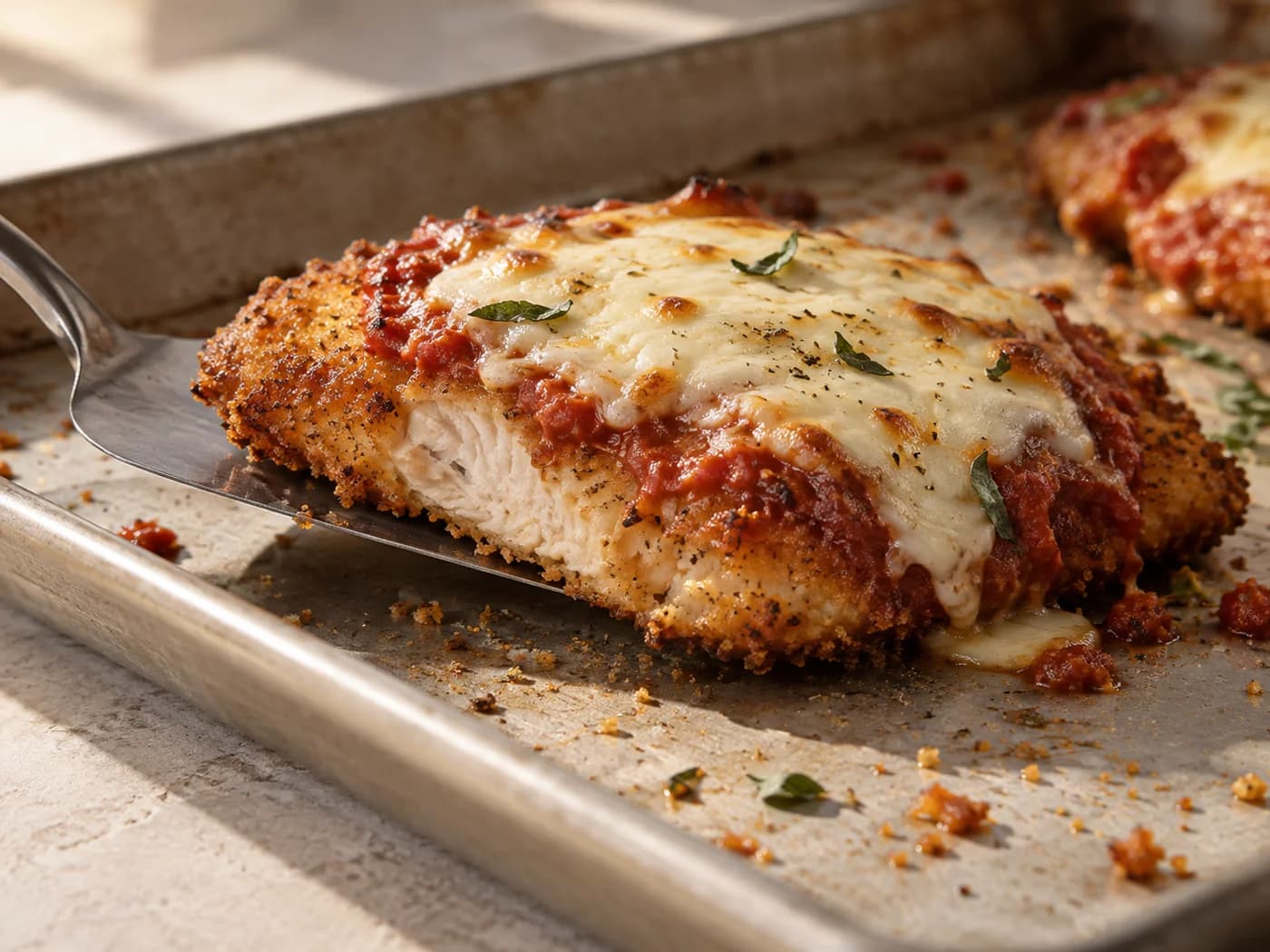 A cooked chicken Parmesan cutlet lifted on a metal spatula with its golden underside visible
