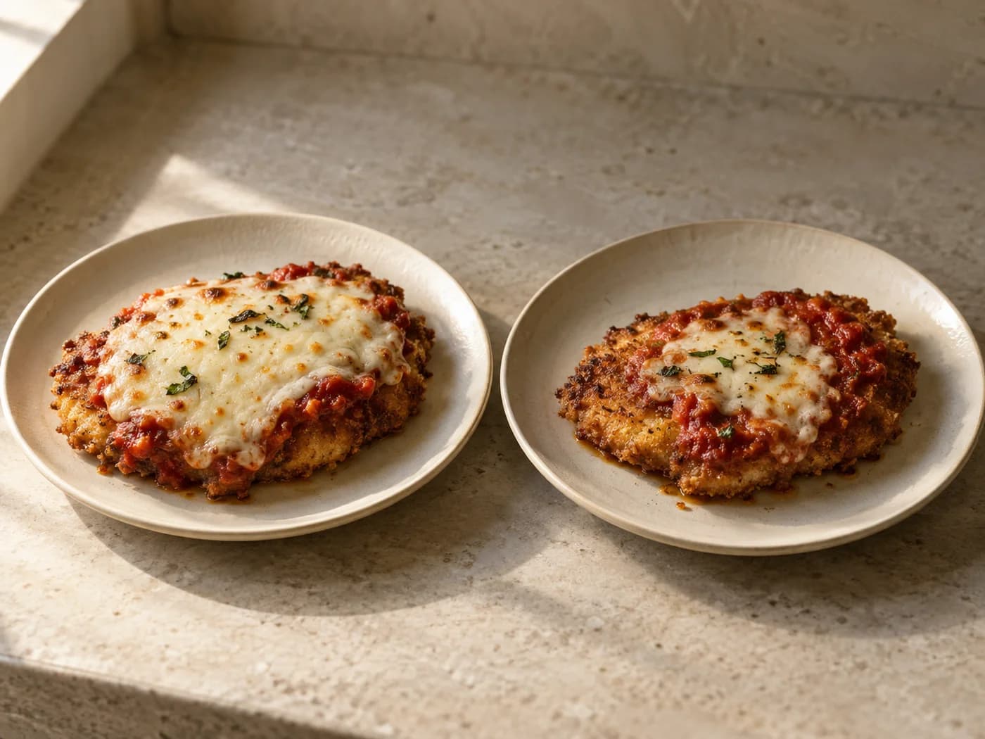Two chicken Parmesan portions with regular and thinner mozzarella toppings on separate small plates