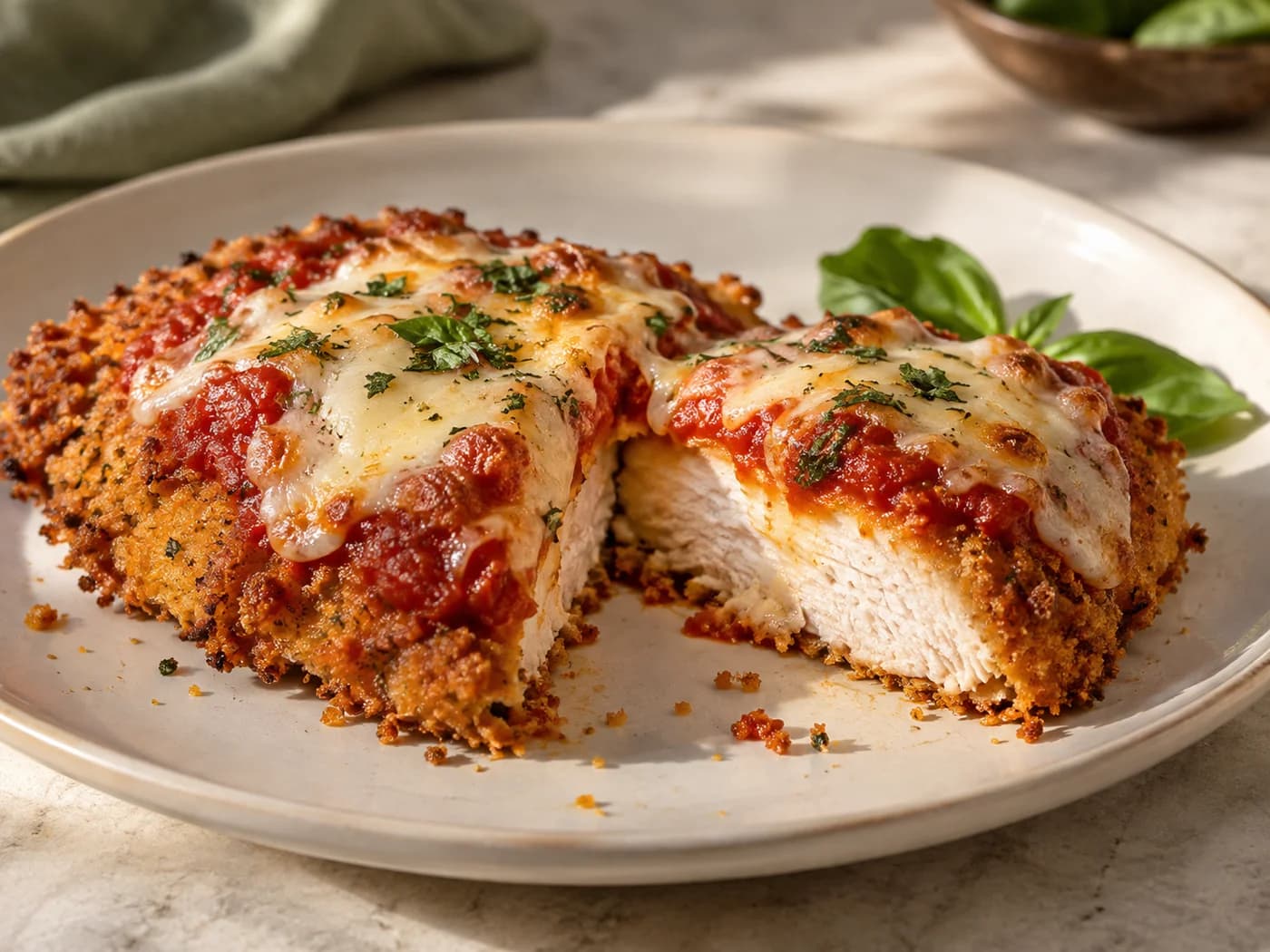 A cut chicken Parmesan portion revealing white cooked chicken beneath golden crumbs, tomato sauce and cheese