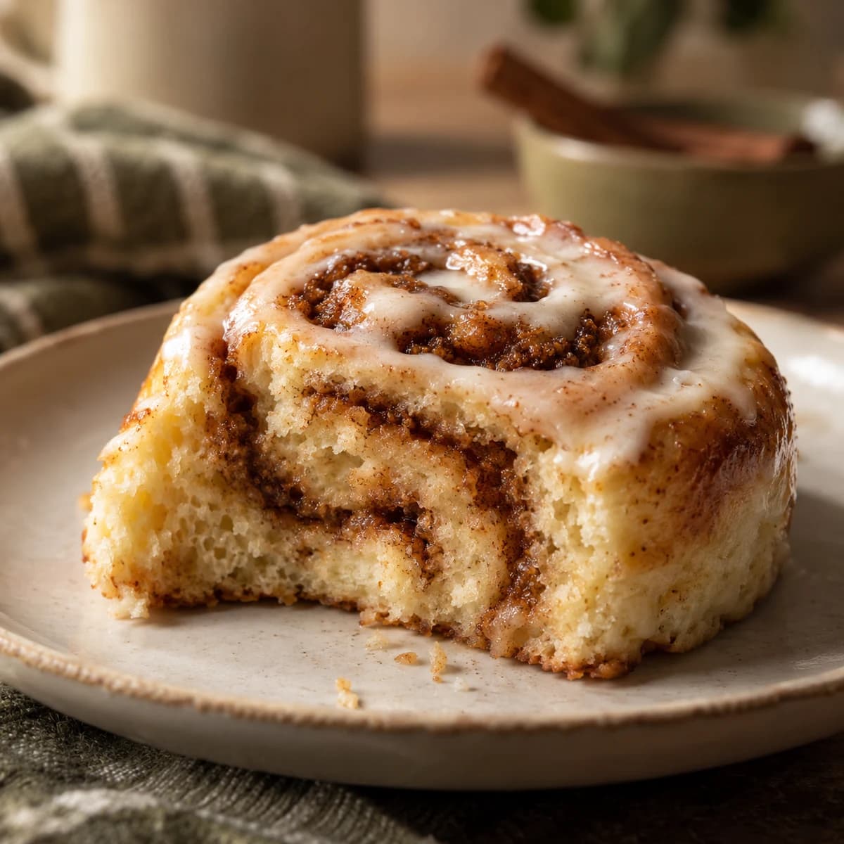 A cut cinnamon roll showing its swirl and quick-dough crumb