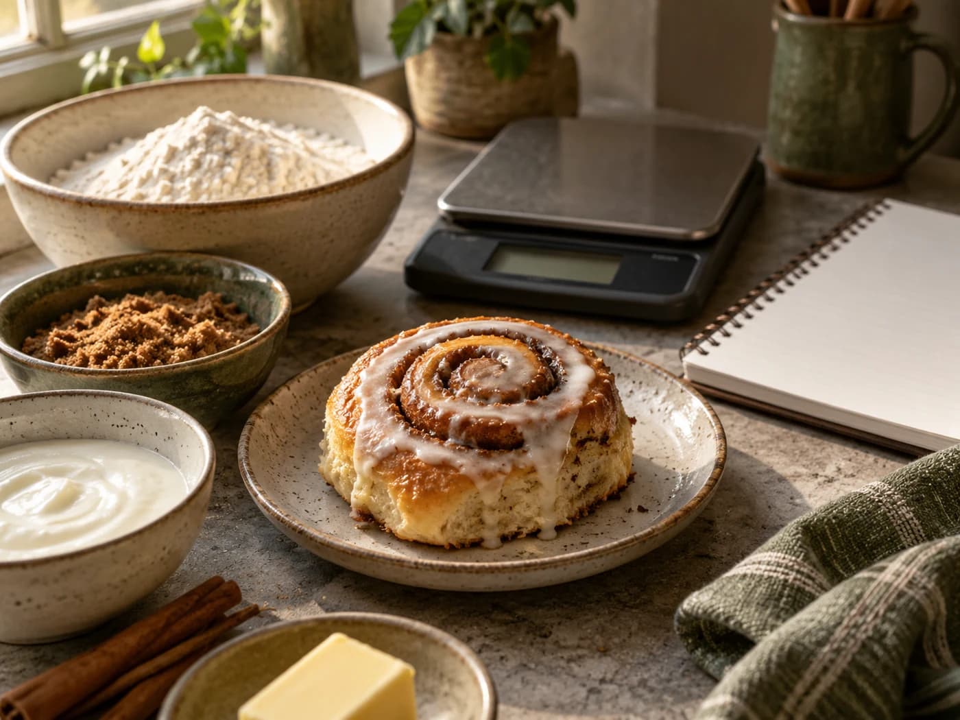 A glazed roll with flour, yogurt, brown sugar and a kitchen scale