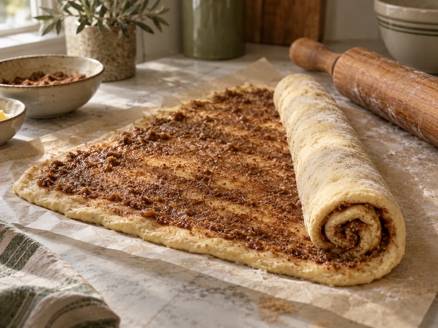 A cinnamon-covered dough rectangle being rolled on parchment