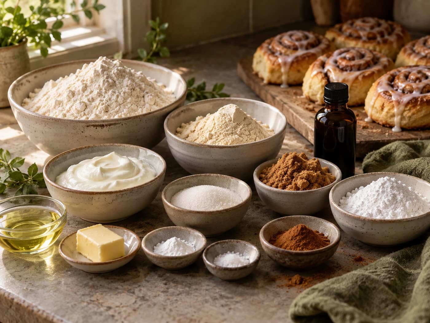 Flour, whey, yogurt, butter, sugars and cinnamon arranged on a counter