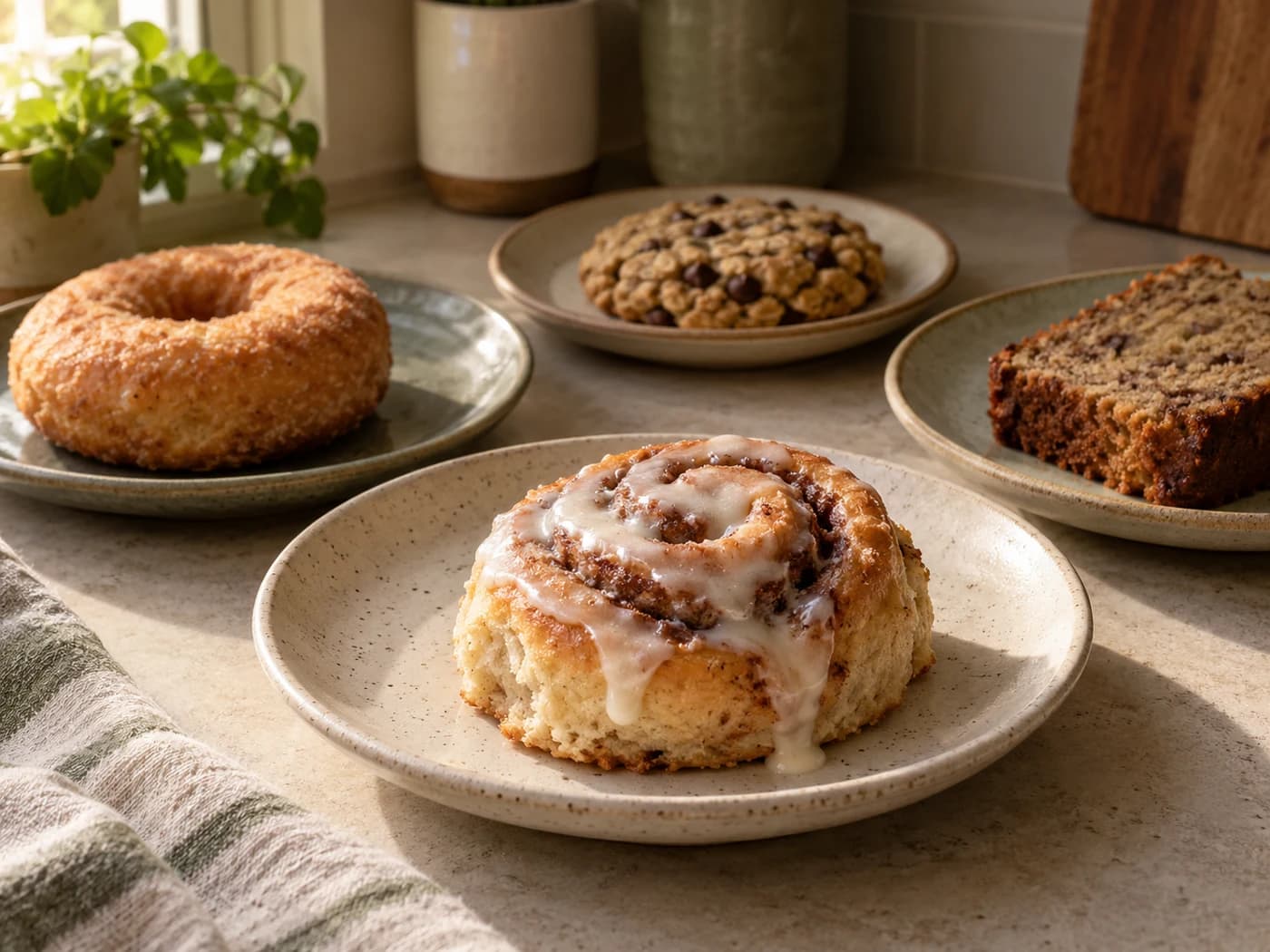 A glazed cinnamon roll beside donuts, cookies and banana bread on separate plates