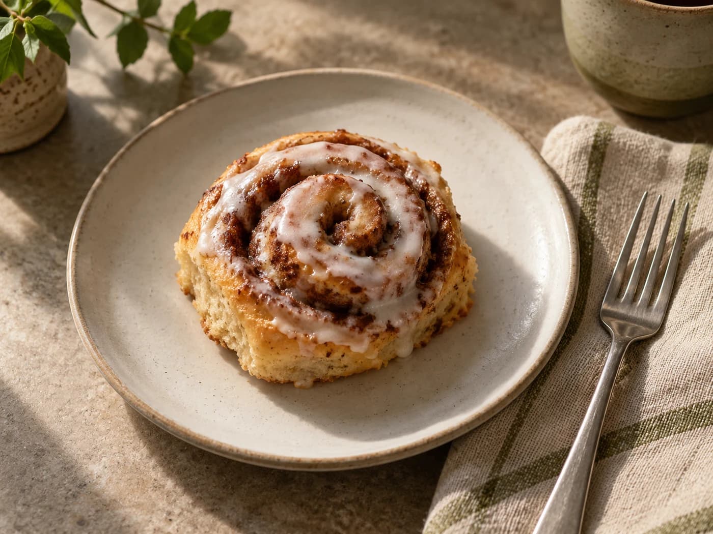 One complete cinnamon roll with a thin glaze on an ivory plate
