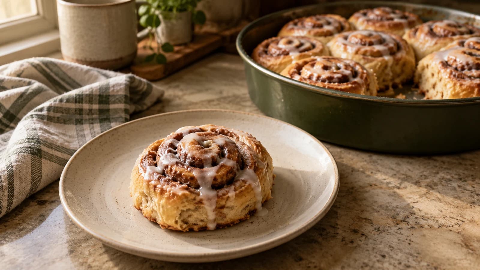 A cinnamon spiral roll with a light yogurt glaze beside a round baking pan