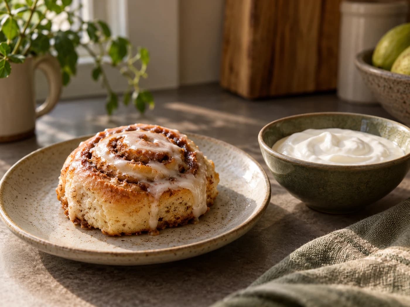 A complete cinnamon roll beside plain Greek yogurt