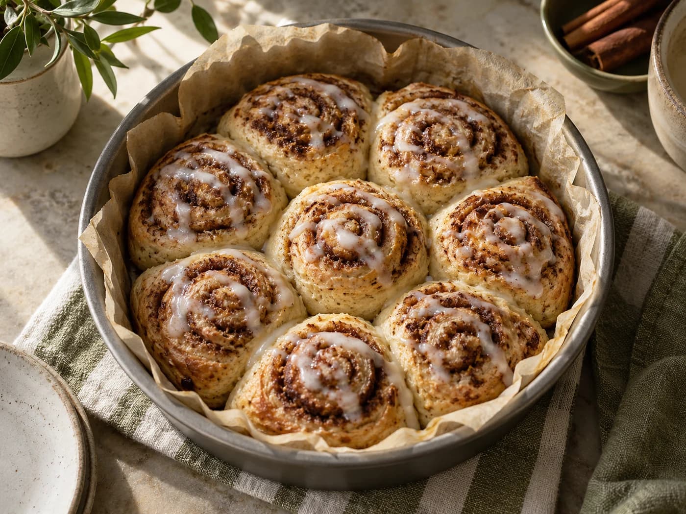 Eight cinnamon rolls with thin yogurt glaze in a round parchment-lined pan