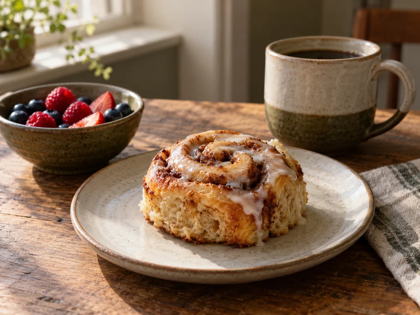 A glazed cinnamon roll with a separate berry bowl and coffee