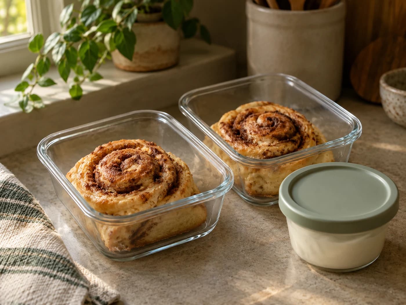 Plain rolls packed beside a separate closed container of yogurt glaze