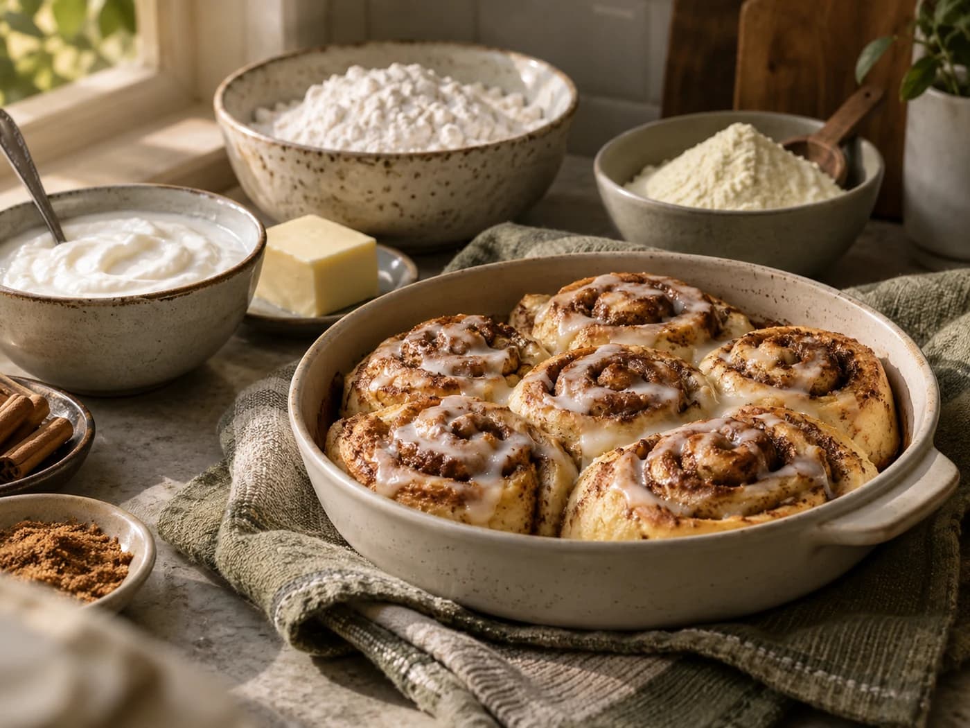 Bowls of yogurt, flour and whey beside a piece of butter