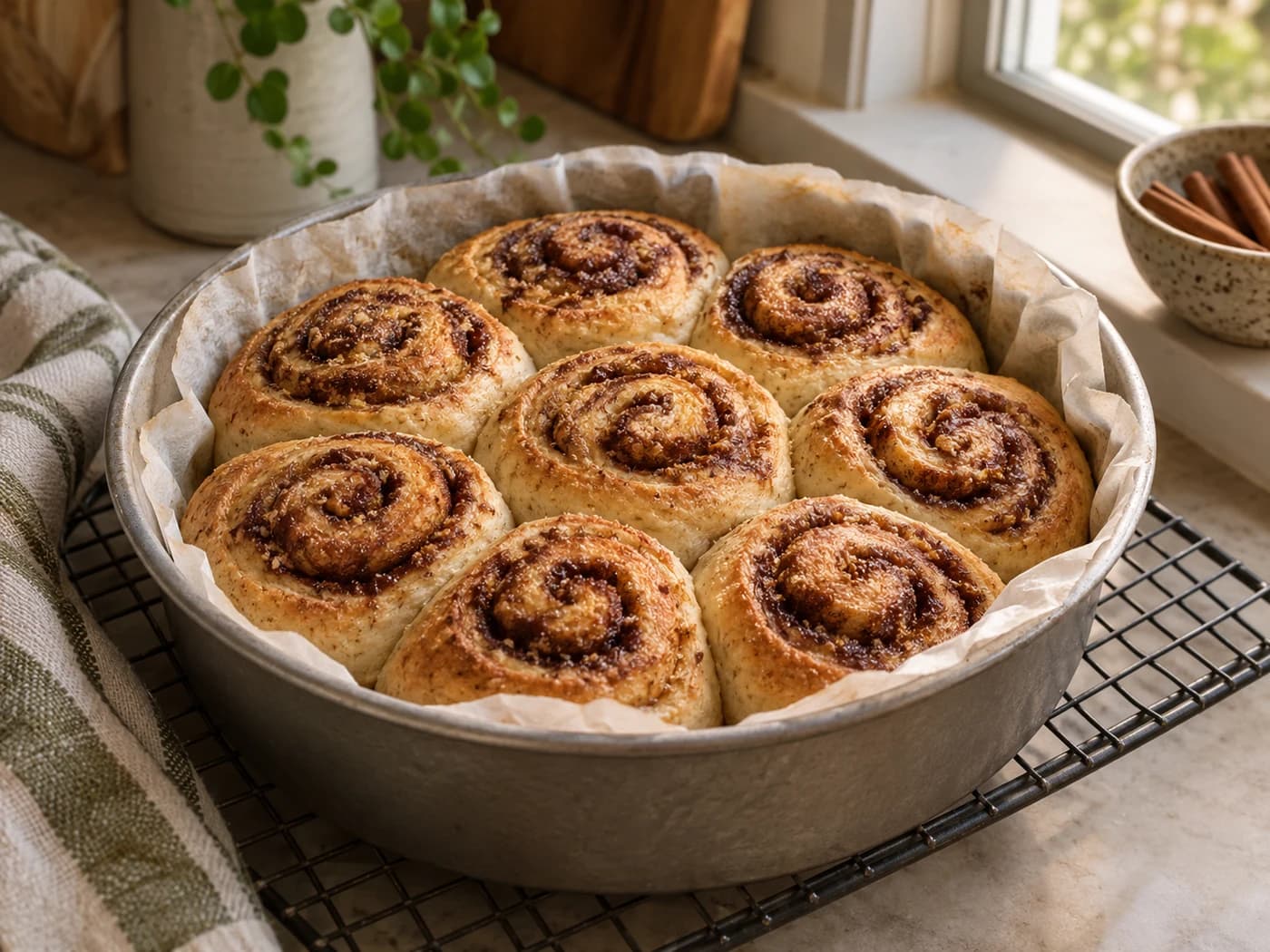 Plain golden cinnamon rolls cooling before glazing