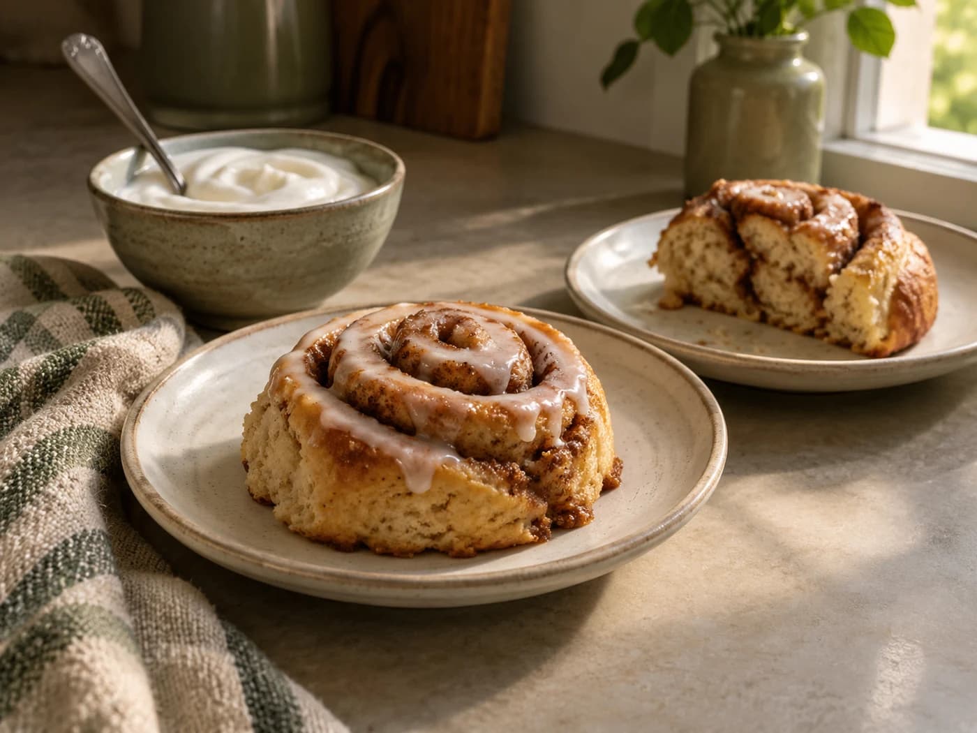 Whole and half cinnamon-roll portions with yogurt beside them