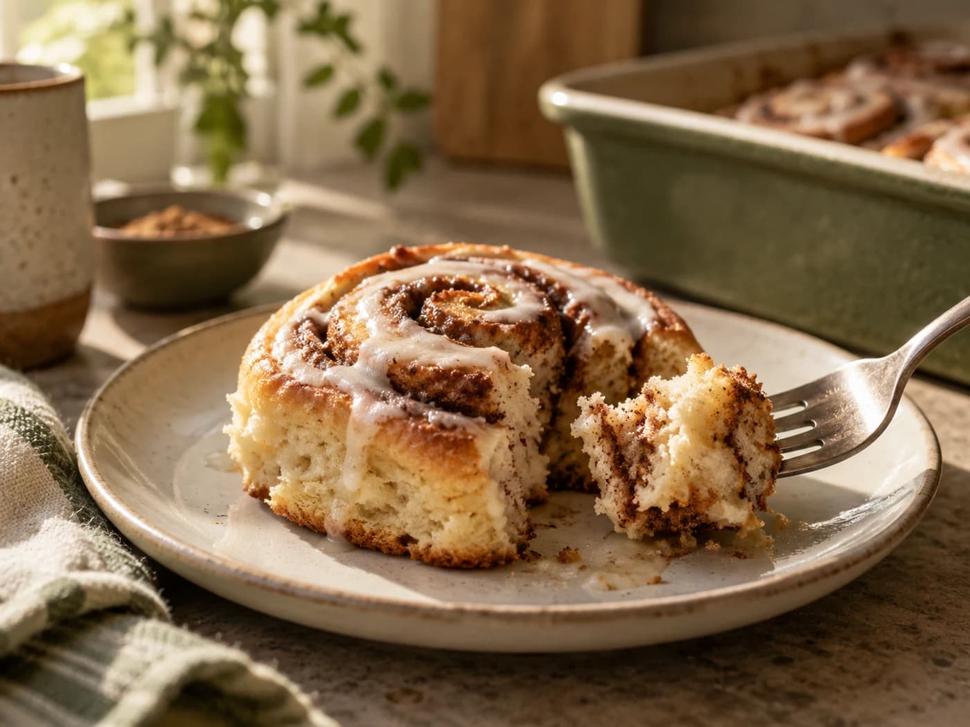 A fork lifting a bite from a lightly glazed cinnamon roll