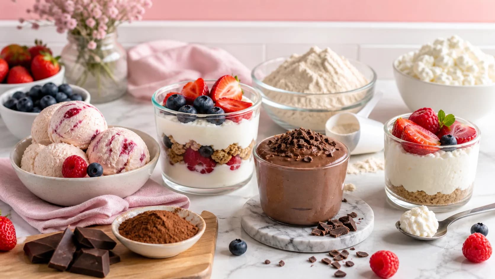 Protein dessert spread with protein ice cream, Greek yogurt parfaits, chocolate protein pudding, cottage cheese cheesecake cups, berries, cocoa, chocolate, yogurt, and protein powder