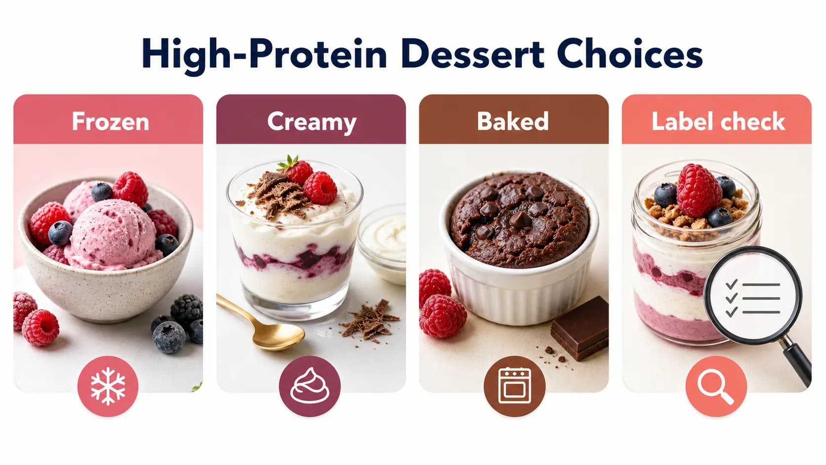 Protein desserts infographic with beginner bowls, weight-loss desserts, muscle-gain desserts, under-400-calorie options, and label checks
